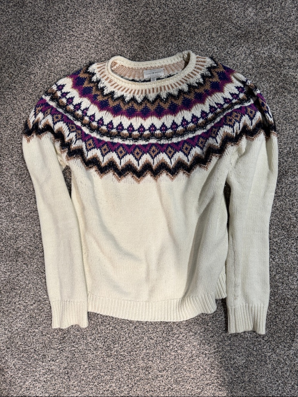 Lucky Brand Cream Fair Isle Sweater with Navy & Tan Accents